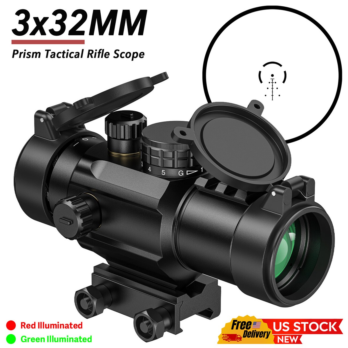 3X Prism Scope 32MM Objective Len Illuminated BDC Reticle Hunting 3X Prism Scope 32MM Objective Len Illuminated BDC Reticle Hunting
