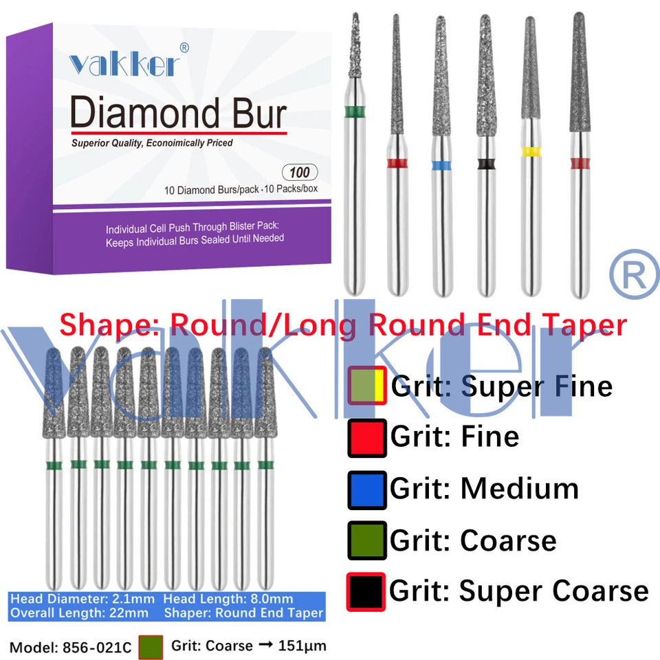 10pc/pk Vakker Dental FG Diamond Burs Round Long/ Round End Taper for High Speed - Image 2 of 4