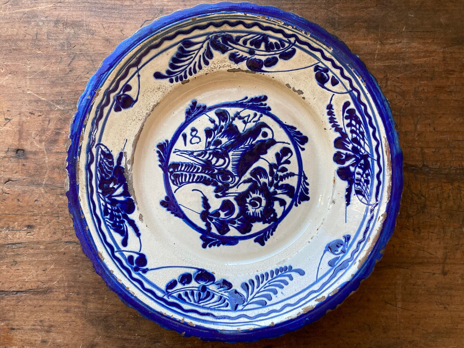 RARE Antique Dated 1874 Dutch Frisia Redware Plate Bowl Painted Blue White Glaze