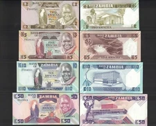 Lot (4 PCS) Zambia Set 2 5 10 & 50 Kwacha P-24 25 26 28, 1980 1988 Unc Banknotes