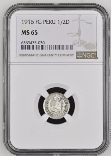 1916 FG Peru 1/2 Dinero Silver Coin - NGC MS65