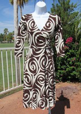 VTG 1990s POLY SPANDEX STRETCH DRESS OVERLAPPING BUST BOW DARK BROWN WHITE