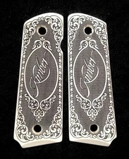 Kimber 1911 full size custom ivory scrimshaw pistol grips scroll Logo