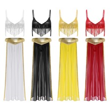 US Womens Belly Dance Outfit Sequin Tassel Bra Tops  Side Slit Chiffon Skirt