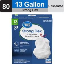 Great Value Strong Flex 13 Gallon Drawstring Tall Kitchen Trash Bags, Unscented