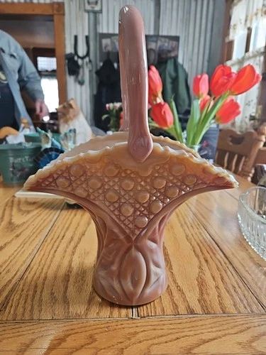 Fenton Rosalene Diamond Flute basket, pink opalescent collectible...