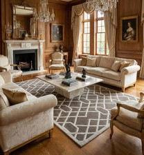 Luxury Hand Tufted Grey Wool Rug Geometric Trellis Modern Bedroom Area Carpet