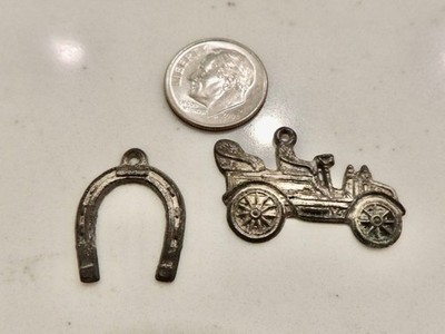 (2) 1920 CRACKER JACK METAL CHARM ROADSTER silver tone Horseshoe toy