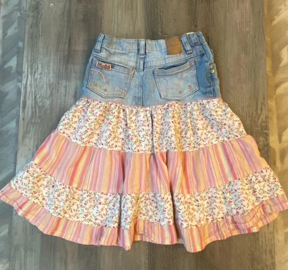 Mudd Boho Y2K Girl's Ruffled Skirt Size 6 Patchwork Hipster Shimmer Stripe - Image 2 of 4