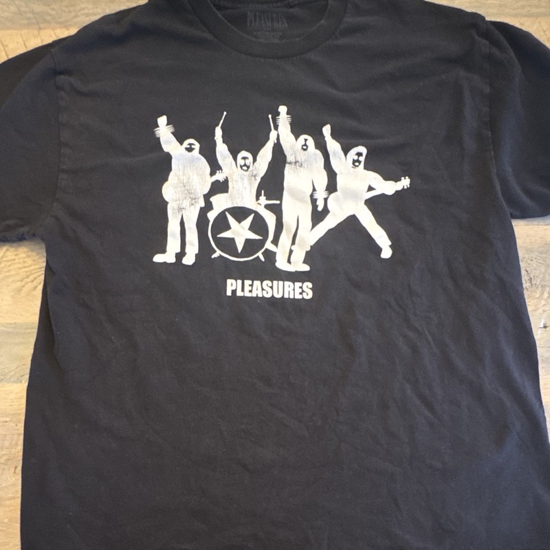 PLEASURES Men’s XL Black Graphic Print Logo Crew Neck Short Sleeve Cotton Tee