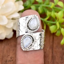 Pear Rainbow Moonstone Ring: Adjustable 925 Sterling Silver Ring All Size R356