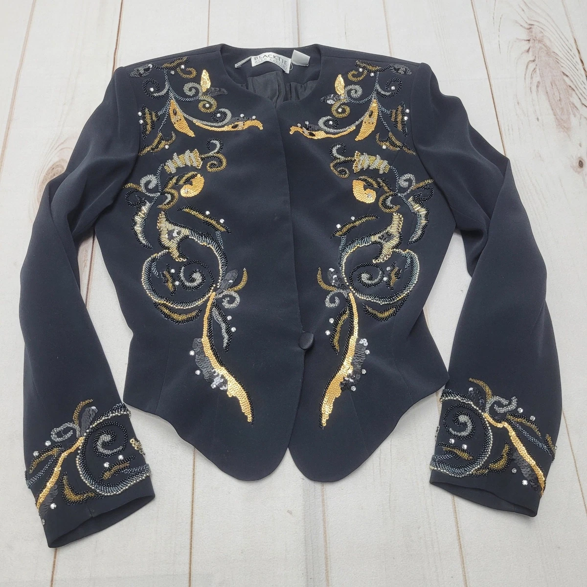 Veste 1980 entièrement pailletée noire griffée Oleg Cassini - Chez Sarah