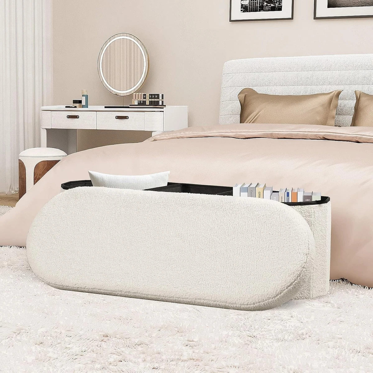 Folding Storage Ottoman Bench Cream Boucle Velvet 110 cm Large Capacity 270 kg