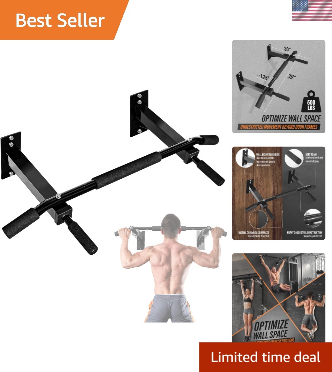 Multifunctional Padded Grip Wall Mounted Pull Up Bar for Ultimate Home Workouts