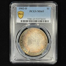 1902-O $1 MS65 Toned Morgan Dollar - PCGS Gold Shield - Lovely Rainbow Toning PQ