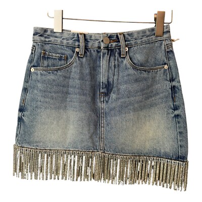 Blank NYC NWT Bright Moments Rhinestone Fringe Denim Skirt