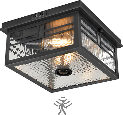 Motion Sensor Outdoor Ceiling Light with Ripple Glass - Black 2-Light Fixture