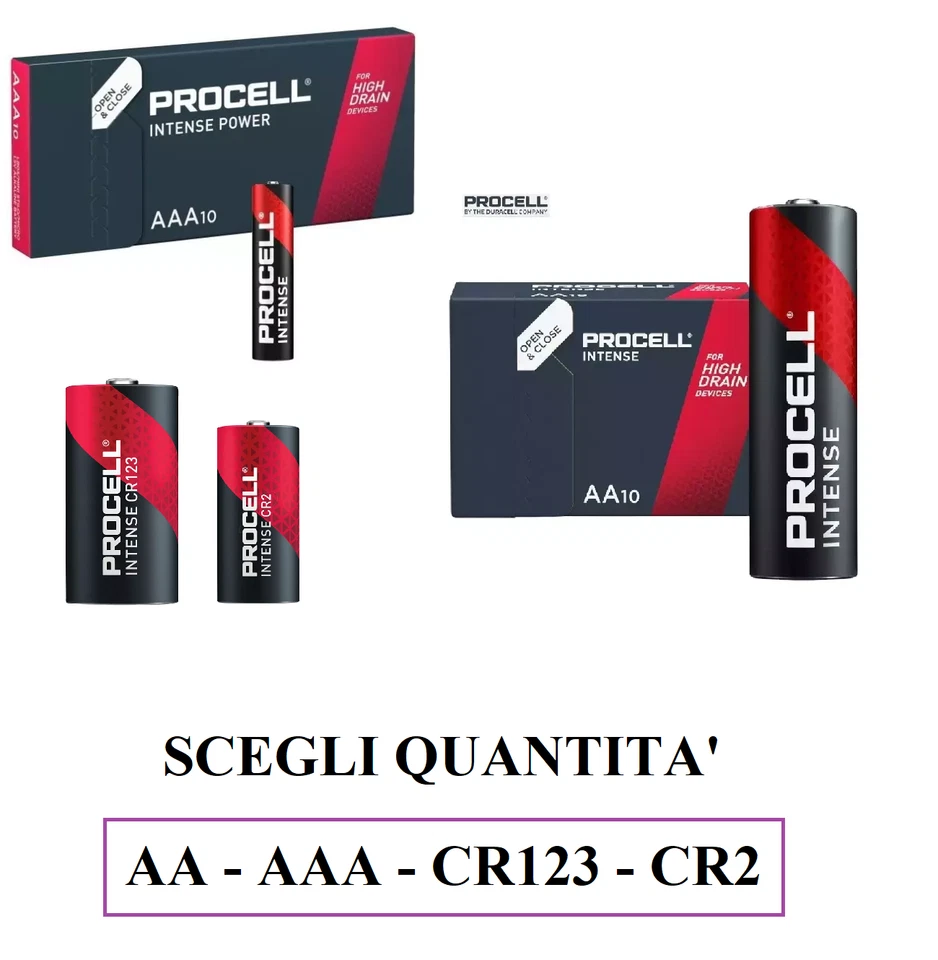 Batterie PROCELL INTENSE DURACELL AA AAA CR123 CR2 alcaline litio PROFESSIONALI