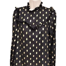Women's Black with Gold Polka Dot Sheer Ruffled Neck Long Sleeve Blouse