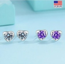 Women Crystal 925 Sterling Silver Jewelry Earrings 3D Love Heart Mini Stud 1308