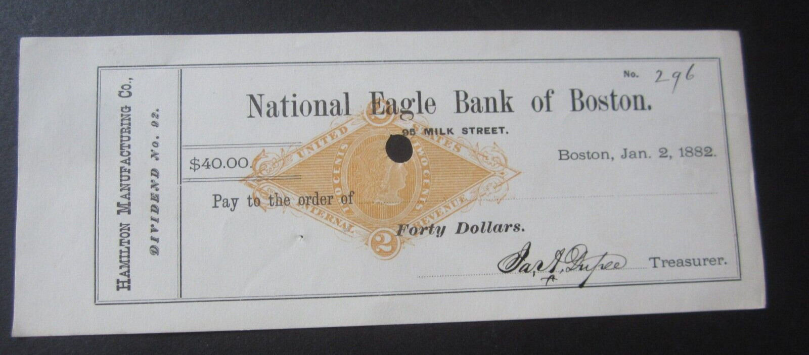 1882 HAMILTON – Boston- Bank Check Document – Revenue