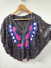 Vtg Butterfly Top Sequins Black Silk Blouse Shirt Purple Pink Disco 1970s 80s