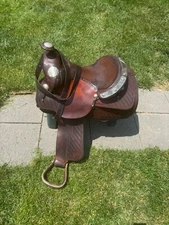 14” Billy Royal Dark Oil Western Show Saddle w/Silver Metal Stirrups & Cover