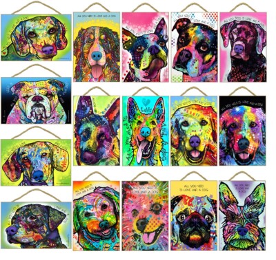 Dean Russo Colorful Dog Art Wooden Plaque Sign Brand New USA