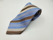 Kenneth Cole Reaction Tie 100 Silk Blue Brown Tan Striped. W-3 3/8  L-59  