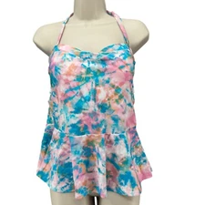 Crown Ivy Pastel Tie Dye Bandeau Swim Tankini Pink Blue Removable Straps Size L