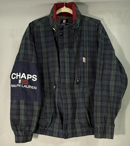 VintageChaps Ralph Lauren Lined Hooded Jacket Men Large Green Blue Plaid - Picture 2 of 11