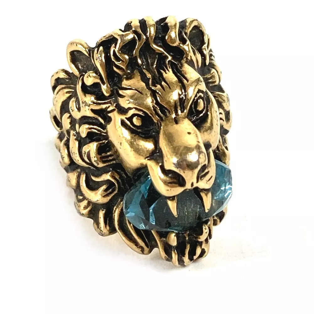 Bague GUCCI 402763 Lion Animal Lion avec Pierre Accessoires Métal Or/Bleu Clair