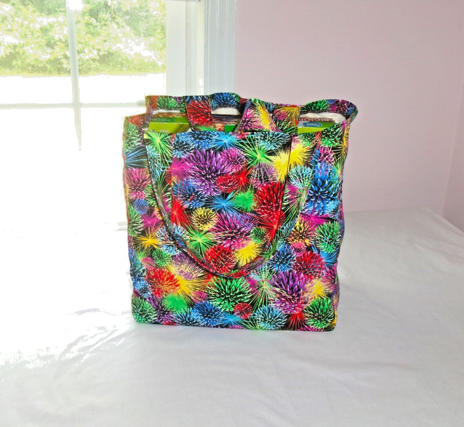 NEW HANDMADE COTTON FOLDING MULTIUSE TOTE BAG BRIGHT COLORFULL FIRE WORKS