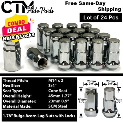 24x Chrome 14x2 Cone Seat Lug Nut +Wheel Lock Fit F150 Expedition Navigator Lobo