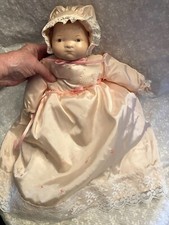 porcelain head doll. Hand made. Pink taffeta embroidered dress and bonnet. Ha