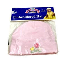 Baby King 100% Cotton Knit Infant Hat Pink Embroidered Flowers NEW In Packaging
