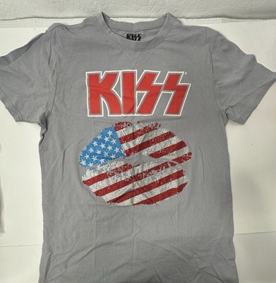Kiss Alive Tour 1975 Glitter Graphic T-Shirt American Flag Lips Gray Rock New M