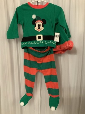 Disney Baby Mickey Mouse Elf 3 piece Outfit set size 9-12 Mo With Santa Hat