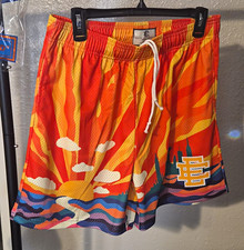 Eric Emanuel Men's Mesh Athletic Basketball Shorts Sunrise Graphic Orange Large