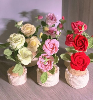 Crochet Rose Flower Pot, Handmade Mini Crochet Flower Desk Decor Gift