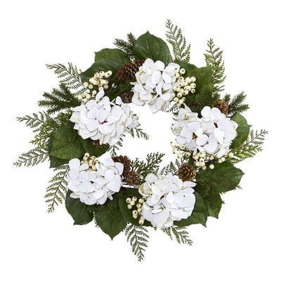 Nearly Natural 24'' Gold Trimmed Hydrangea & Berry Wreath in White