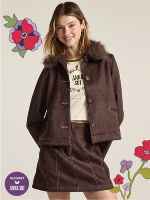 ANNA SUI x Old Navy Vegan Suede Mini Skirt Jacket Suit Cocoa Brown