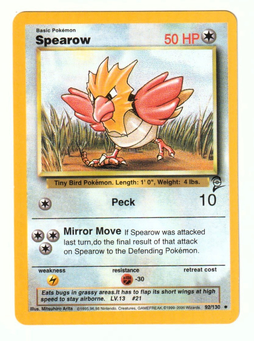 SPEAROW POKEMON 50 HP PECK 10 MIRROR MOVE 1999-2000 WIZAR 92-130 INGLESE VINTAGE