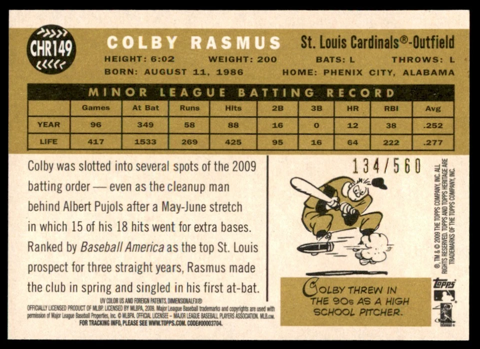 2009 Topps Heritage Chrome Refractors Colby Rasmus RC /560 Cardinals #CHR149 - Image 2 of 2