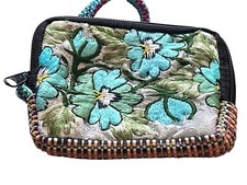 Spirit of Nature Wristlet Bag- Embroidered Flowers-Woven Design-blue silver