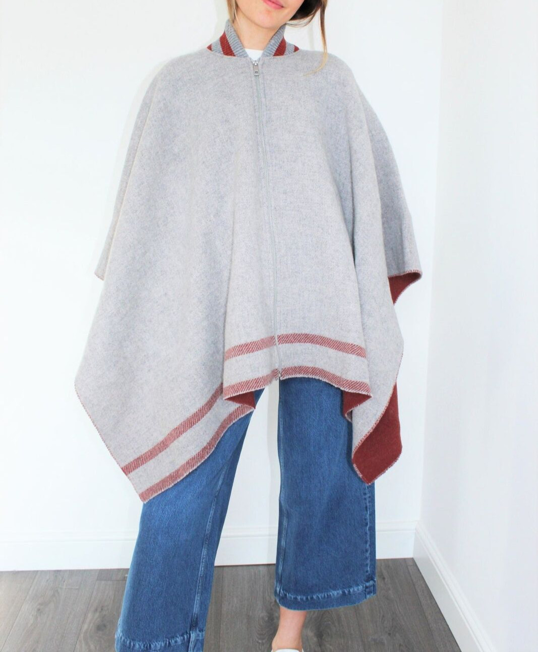 RAG & BONE Gray Varsity Full Zip Wool Poncho OS $… - image 1