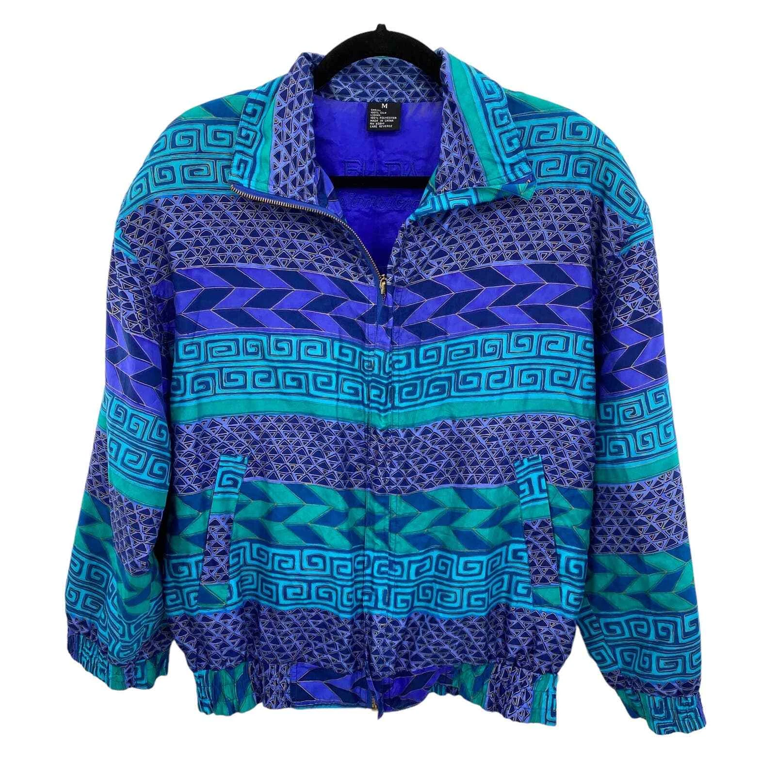FUDA International Windbreaker Jacket Mens Medium Blue Silk Geometric Pockets