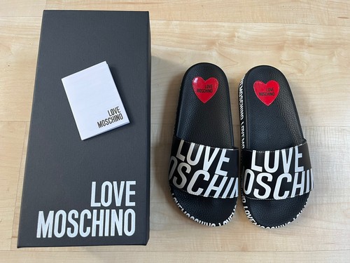 Love Moschino Sliders Black And White Logo Print flip flop slides shoes 37 4 New | eBay