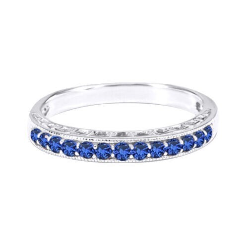 Wedding Band Stack Ring Round Cut Simulated Blue Sapphire 925 Sterling Silver-image