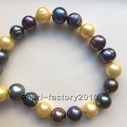 new natural 11-10MM SOUTH SEA black & golden PEARL BRACELET 14K CLASP Baroque - Picture 3 of 4